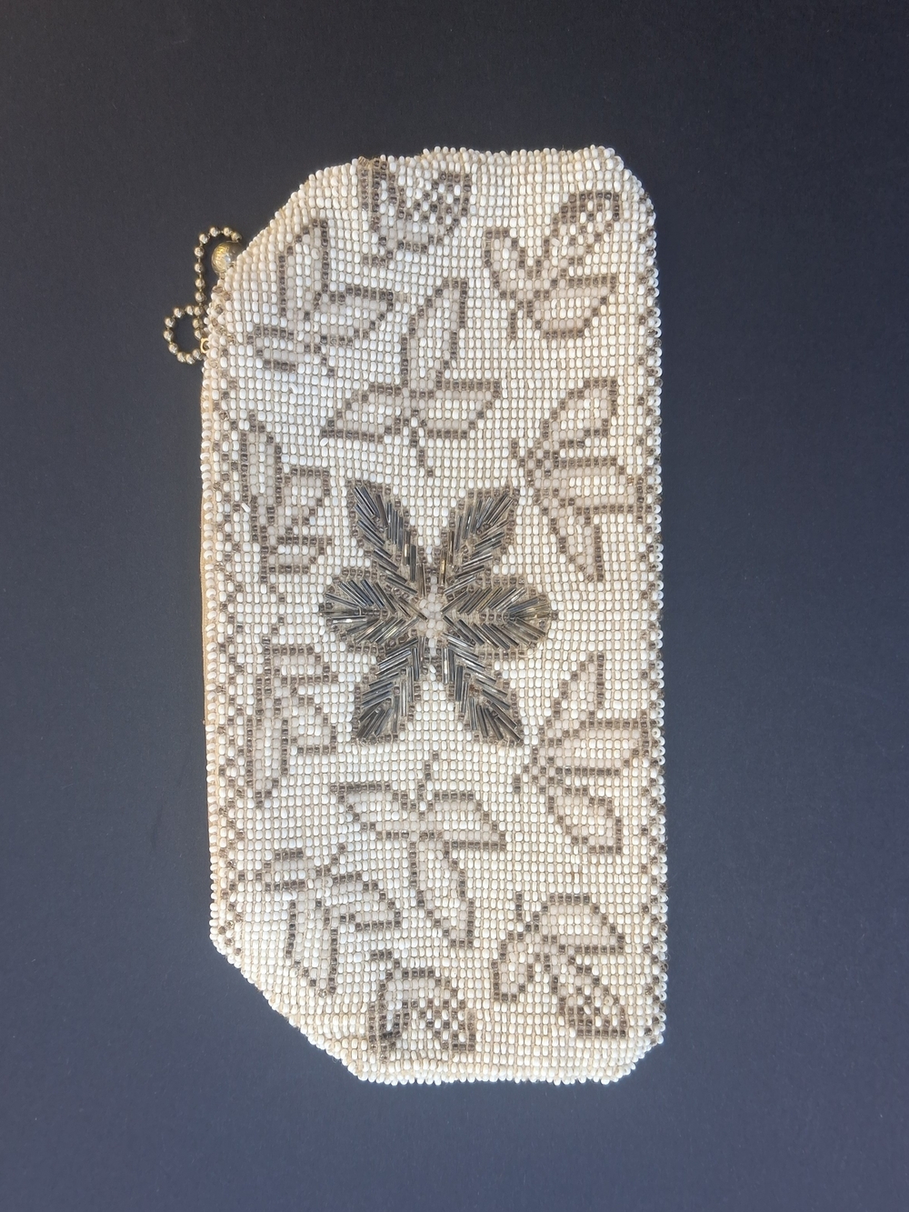 Vintage 1930s Art Deco Micro Beaded Clutch Purse FingerStrap Ivory Gold Cocktail